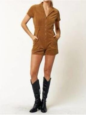 Blue Blush Olive Green Short Sleeve Corduroy Romper